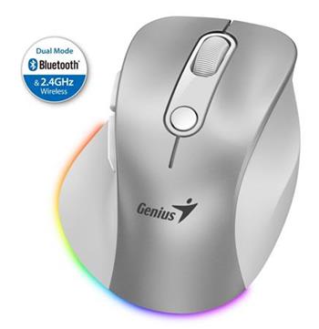 Genius Ergo 9000S Pro My, bezdrtov, optick, 2400DPI, 6 tlatek, BT, 2,4GHz, USB-C nabjen, tich, 7barevn podsv.,stbrn