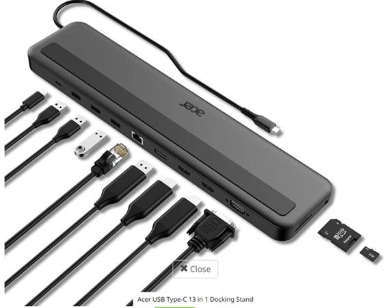 Acer 13in1 Type C Minidock: 3x USB3.0 (5Gbps Data Transfer), 1x USB-C (5Gbps Data transfer), 1x USB-C Power Delivery